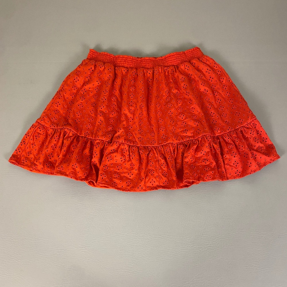 LOFT Skirt Large Petite LP Orange Eyelet Ruffle Hem Smocked Waist‎ Mini Women's